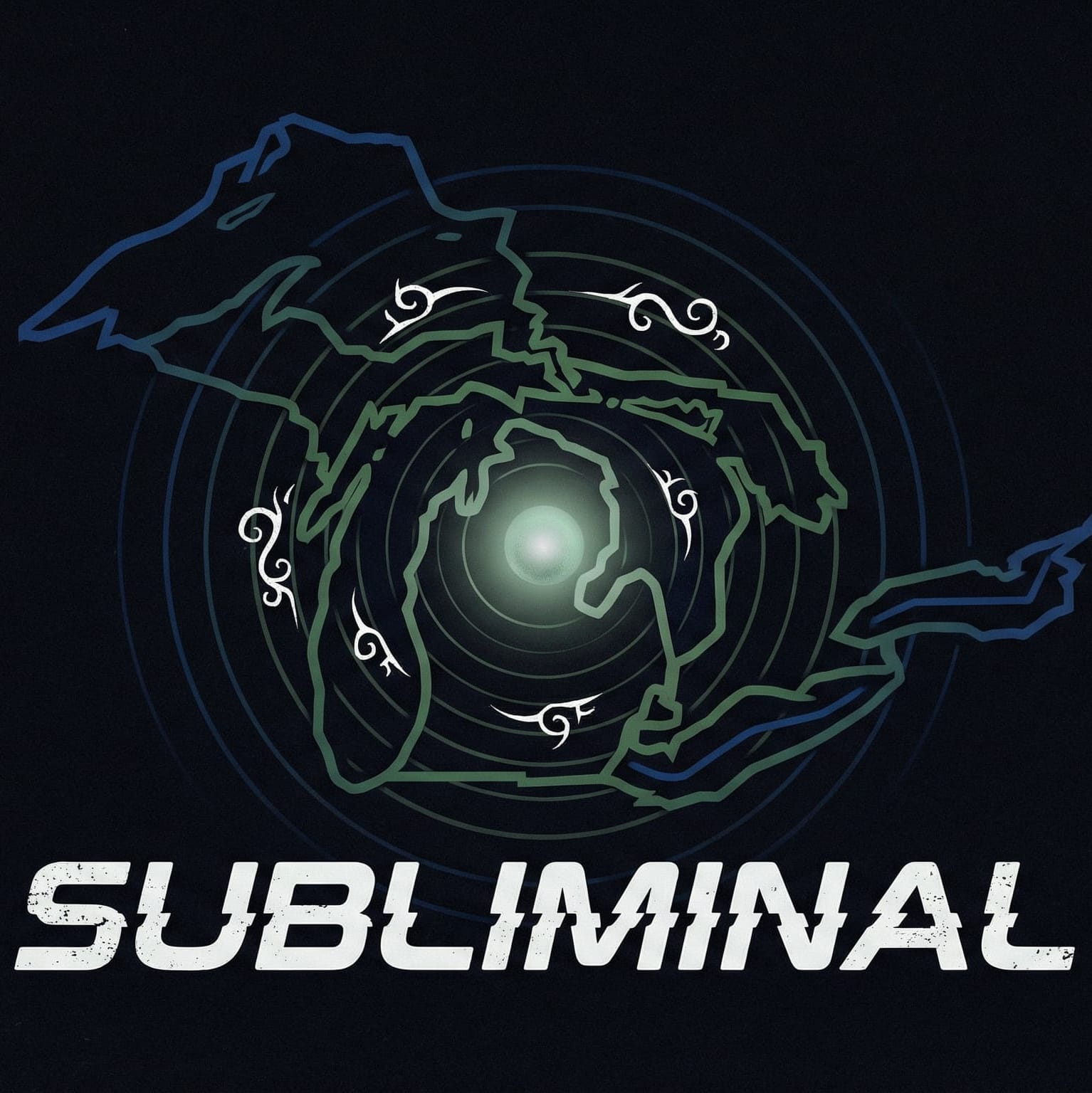 A stylized image of the great lakes encompassed by tribal looking symbols